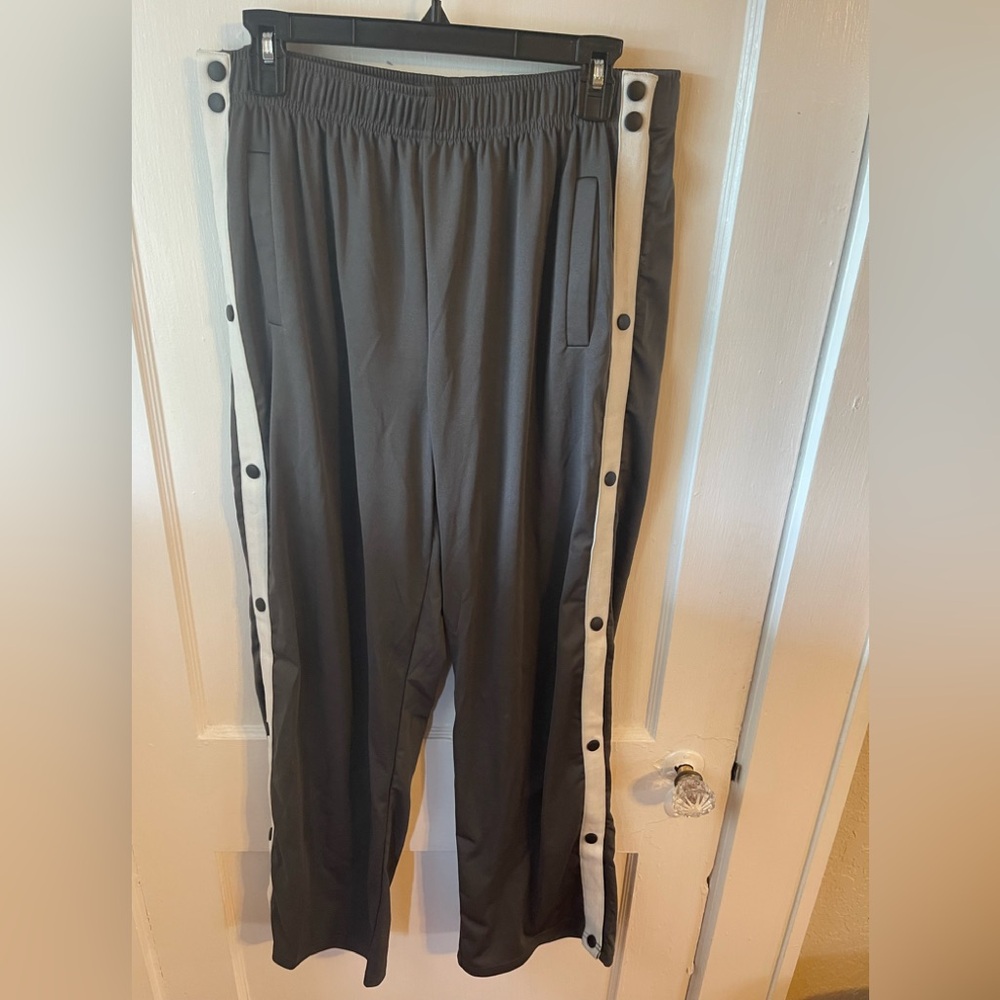 Women’s large charcoal grey Snap-Button Track Pants with White Side Stripe. New